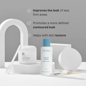 Nu Skin Face Lift Powder close-up showing texture-rich cream application on jawline.