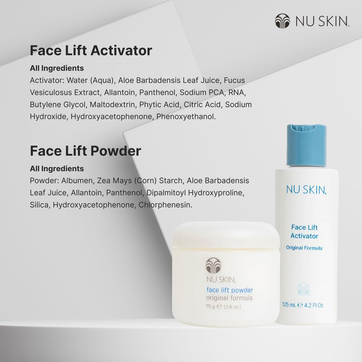 Nu Skin Face Lift Powder and Activator duo emphasizing portable, event-ready touch-ups.