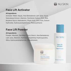 Nu Skin Face Lift Powder and Activator duo emphasizing portable, event-ready touch-ups.