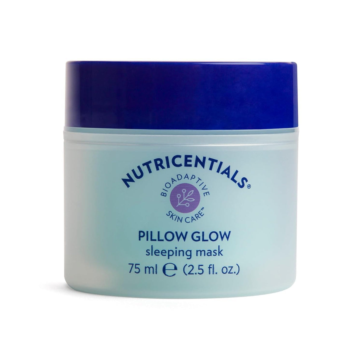 Nu Skin Pillow Glow mask jar shows rich overnight hydration for radiant morning skin.