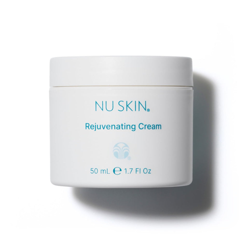 Nu Skin Rejuvenating Cream tube closeup shows hydration for dry skin.