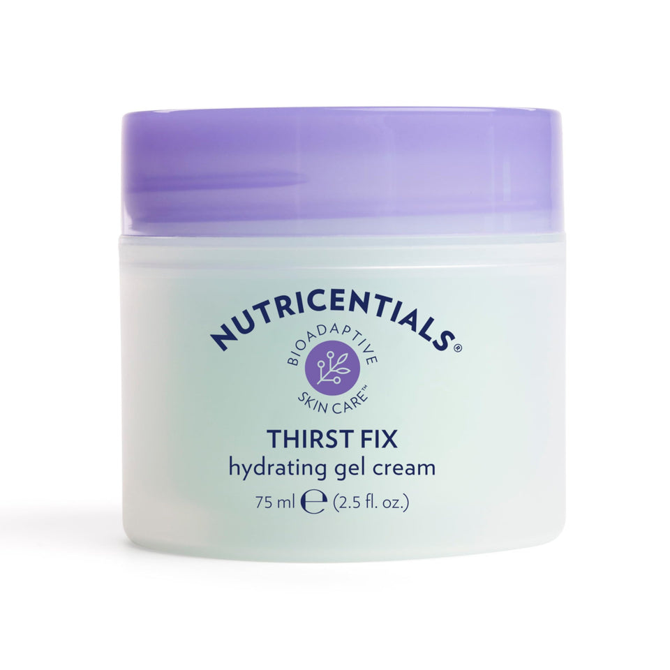 Nu Skin ThirstFix Hydrating Gel Cream bottle on a clean surface delivering instant cooling hydration.