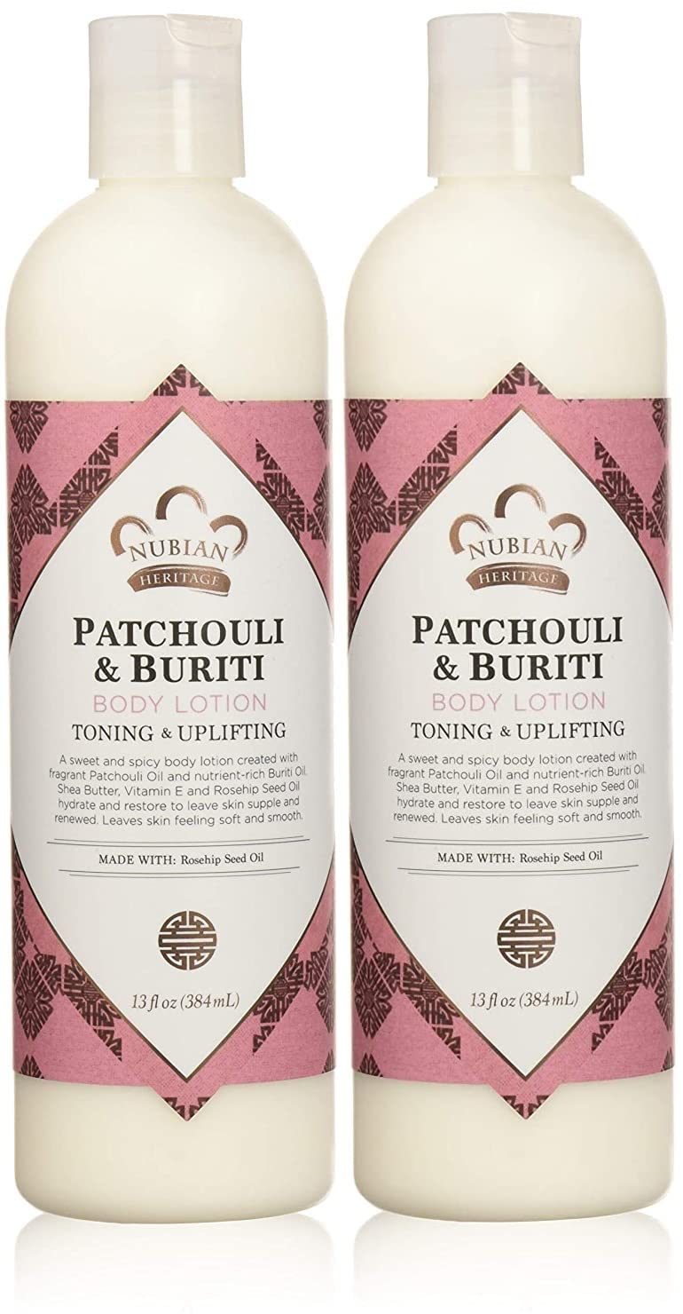 Nubian Heritage Patchouli Buriti body lotion bottle for daily hydration.