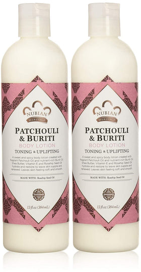 Nubian Heritage Patchouli Buriti body lotion bottle for daily hydration.