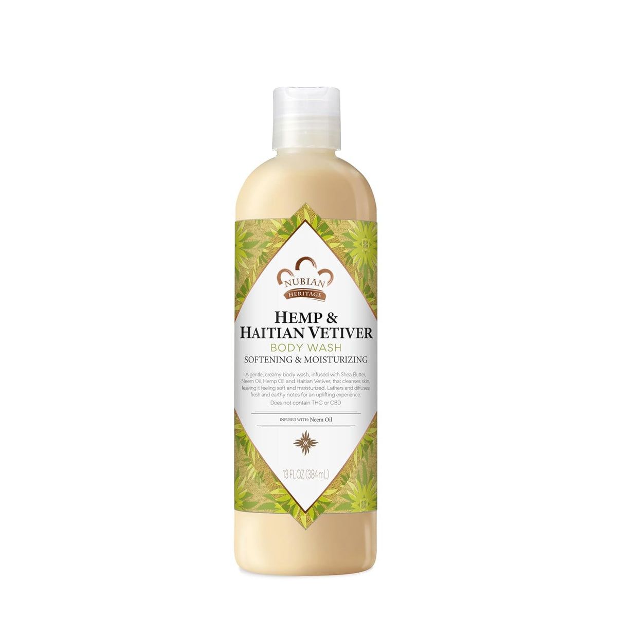 Nubian Heritage body wash bottle with hemp and vetiver label for gentle cleansing.