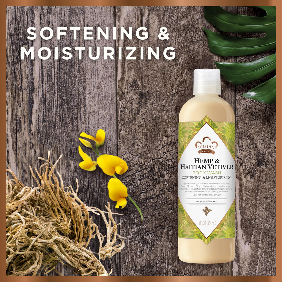 Organic Shea Butter jar highlights Nubian Heritage body wash hydration properties.