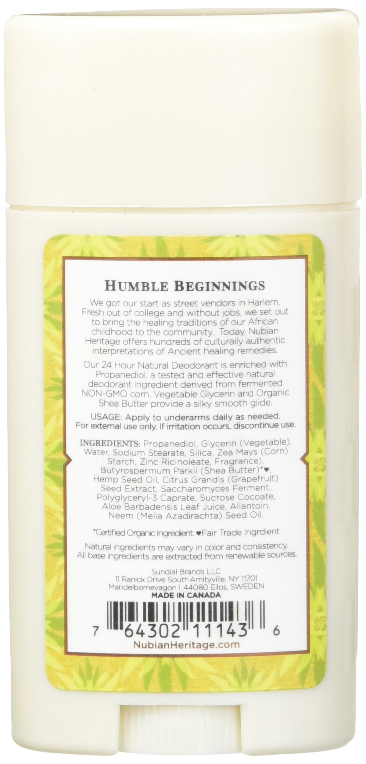 Nubian Heritage deodorant two-pack back view showcases neem oil and vetiver scent.