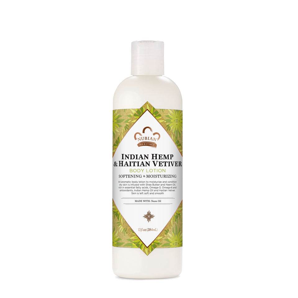 Nubian Heritage lotion bottle with Indian Hemp and Haitian Vetiver for daily moisturization.