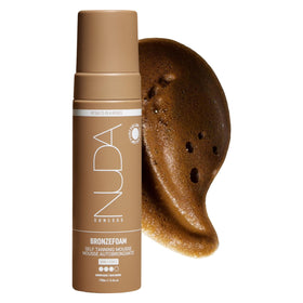 Nuda BronzeFoam bottle with pump for easy, even self-tanning at home.