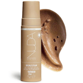 Nuda BronzeFoam Mousse bottle front for easy at-home tanning