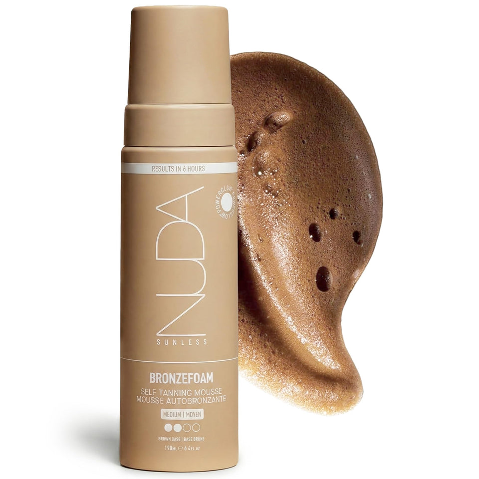 Nuda BronzeFoam Mousse bottle front for easy at-home tanning