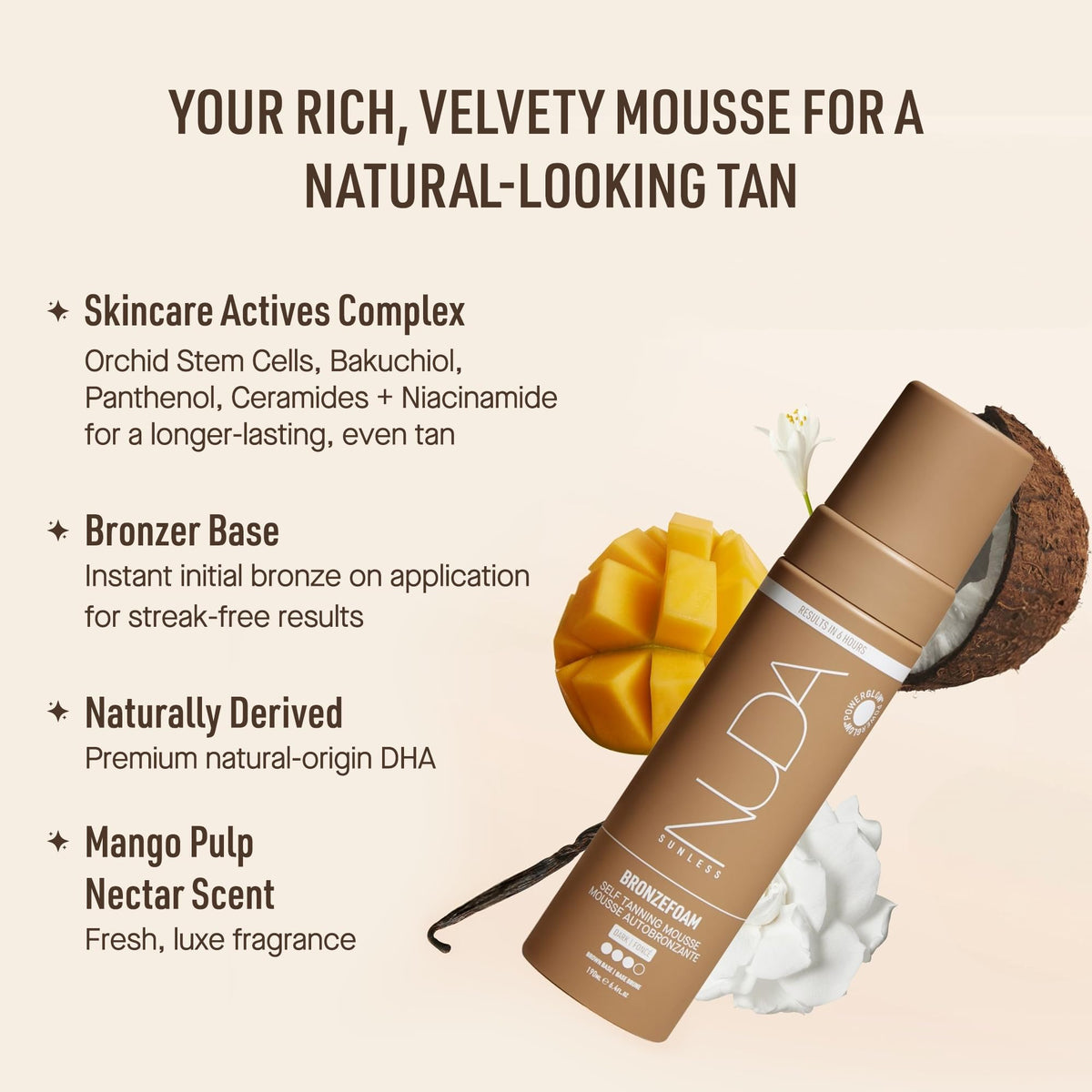 Nuda BronzeFoam bronzer guide ensures even application every time.