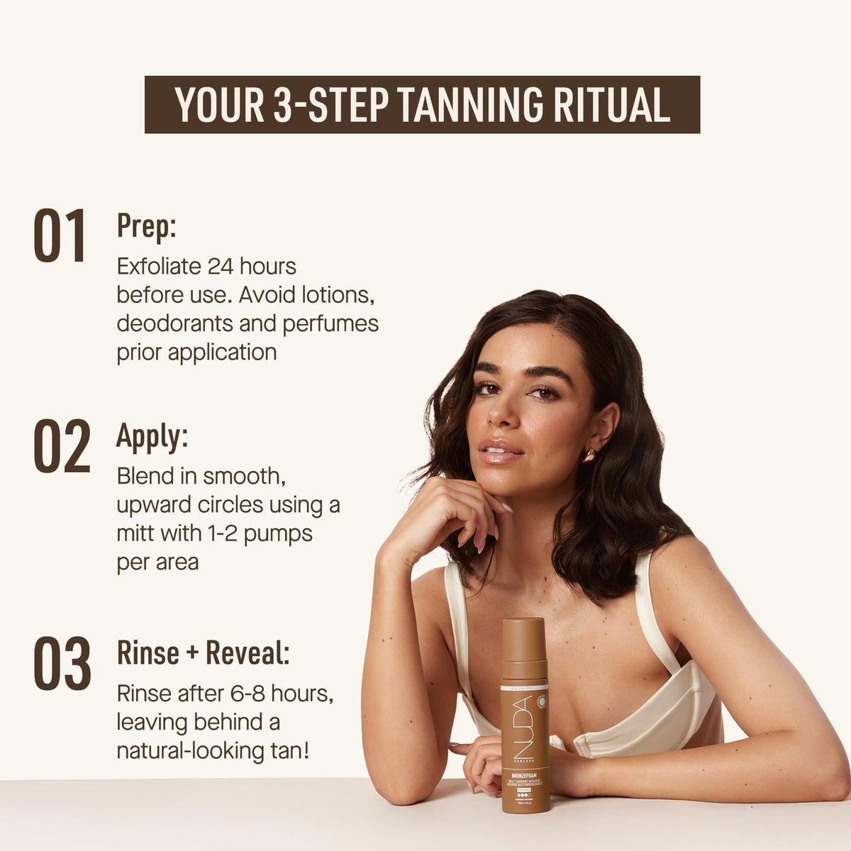 Nuda BronzeFoam tanning mitt aids flawless blending during application.