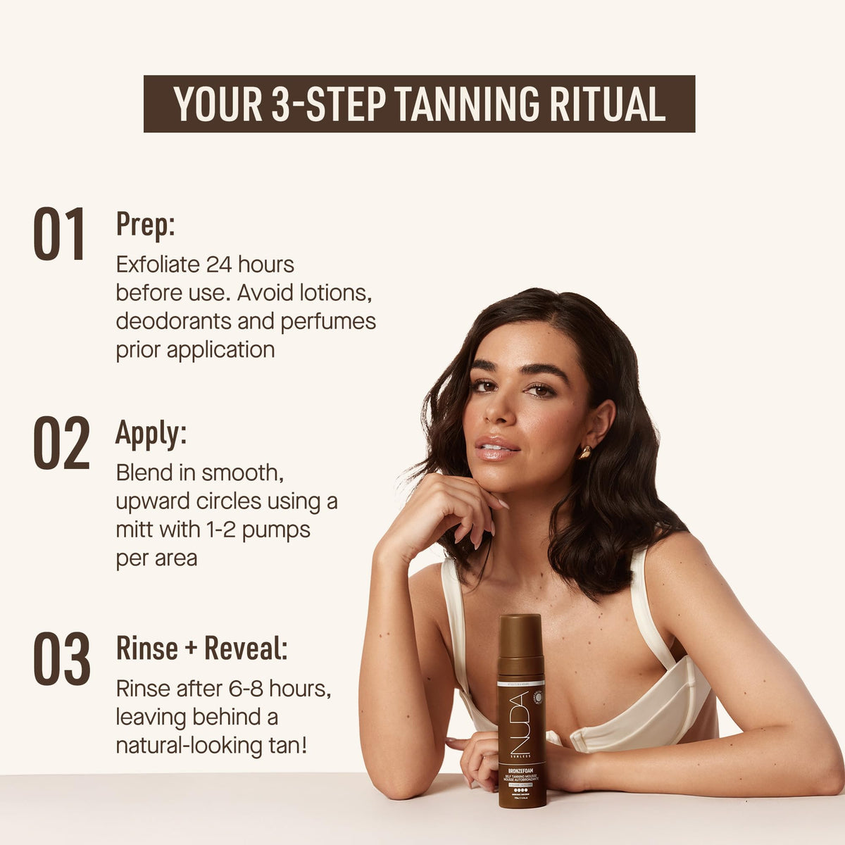 Nuda BronzeFoam ultra-dark tan offers natural depth for a sun-kissed look