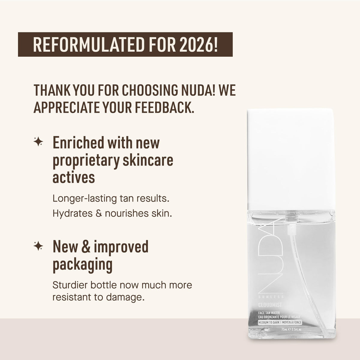 Nuda CloudMist mist on skin showing bronzer-free natural finish.