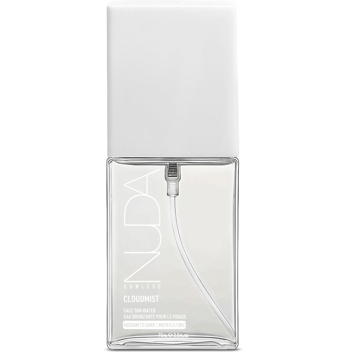 Nuda CloudMist bottle spray applying buildable glow to fair-to-medium skin.