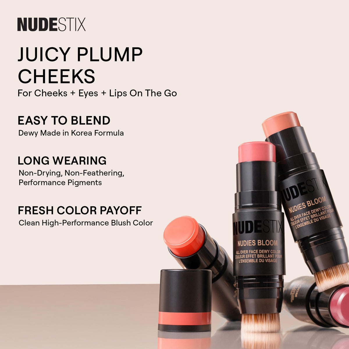 Nudestix Nudies Bloom applied on cheeks delivers sheer color and natural radiance.