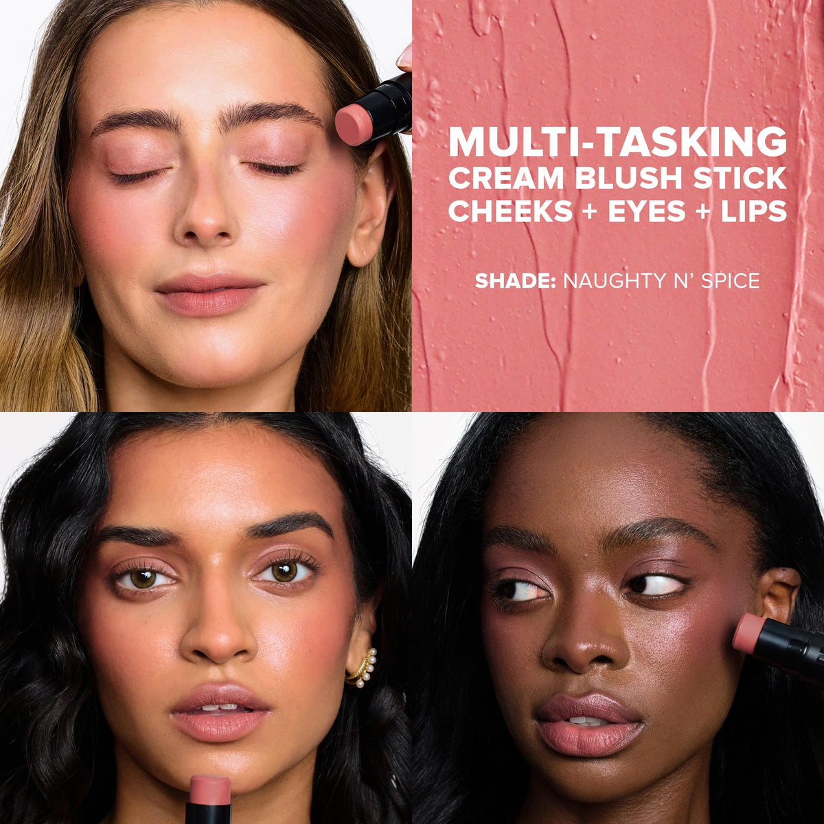Nudestix Nudies Blush Stick Naughty N’ Spice swatch on cheek for natural flush