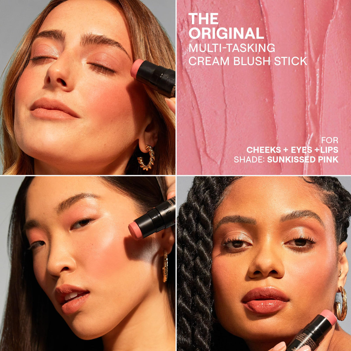 Nudestix Nudies Blush Stick swatch in Sunkissed Pink creating a natural glow