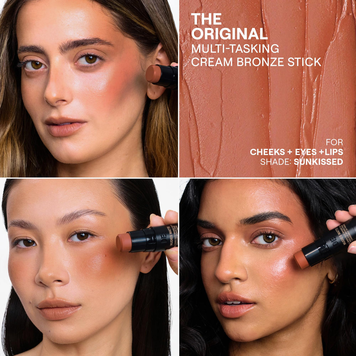 Nudestix Nudies Bronze Stick swiped on the cheek for a warm sun-kissed flush.