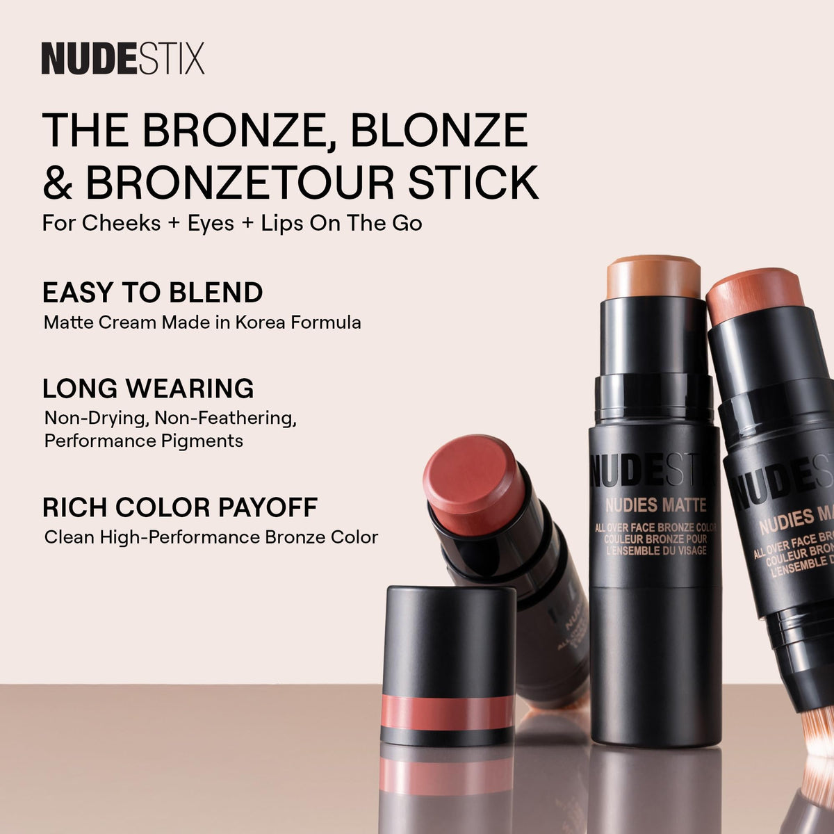Nudestix Nudies Bronze Stick blends along forehead and nose for quick contour.