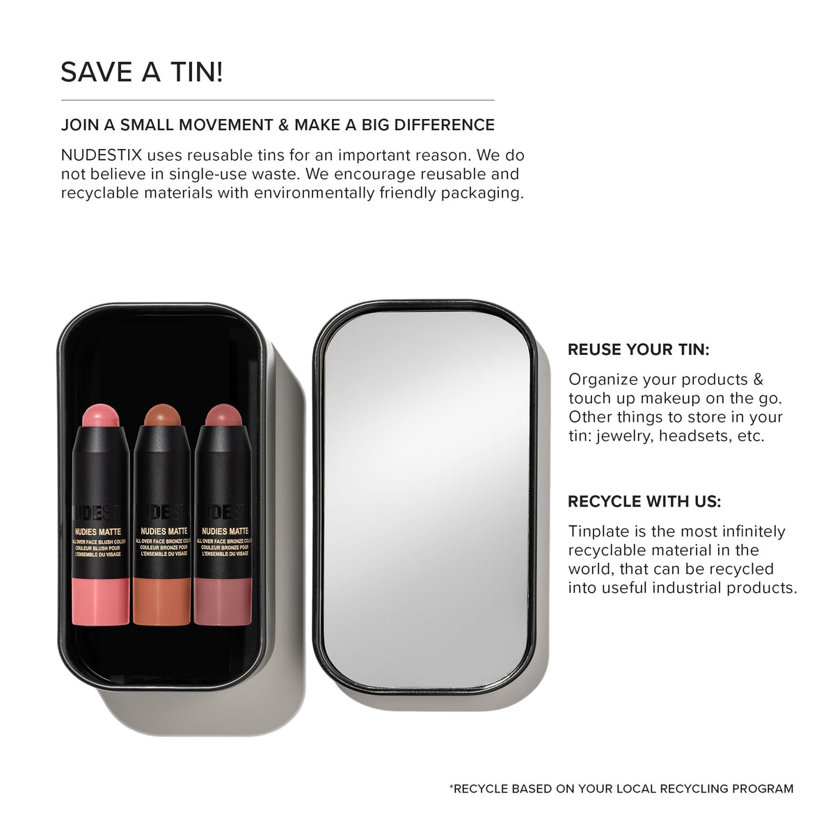 Travel-friendly Nudestix mini kit tin with built-in mirror.