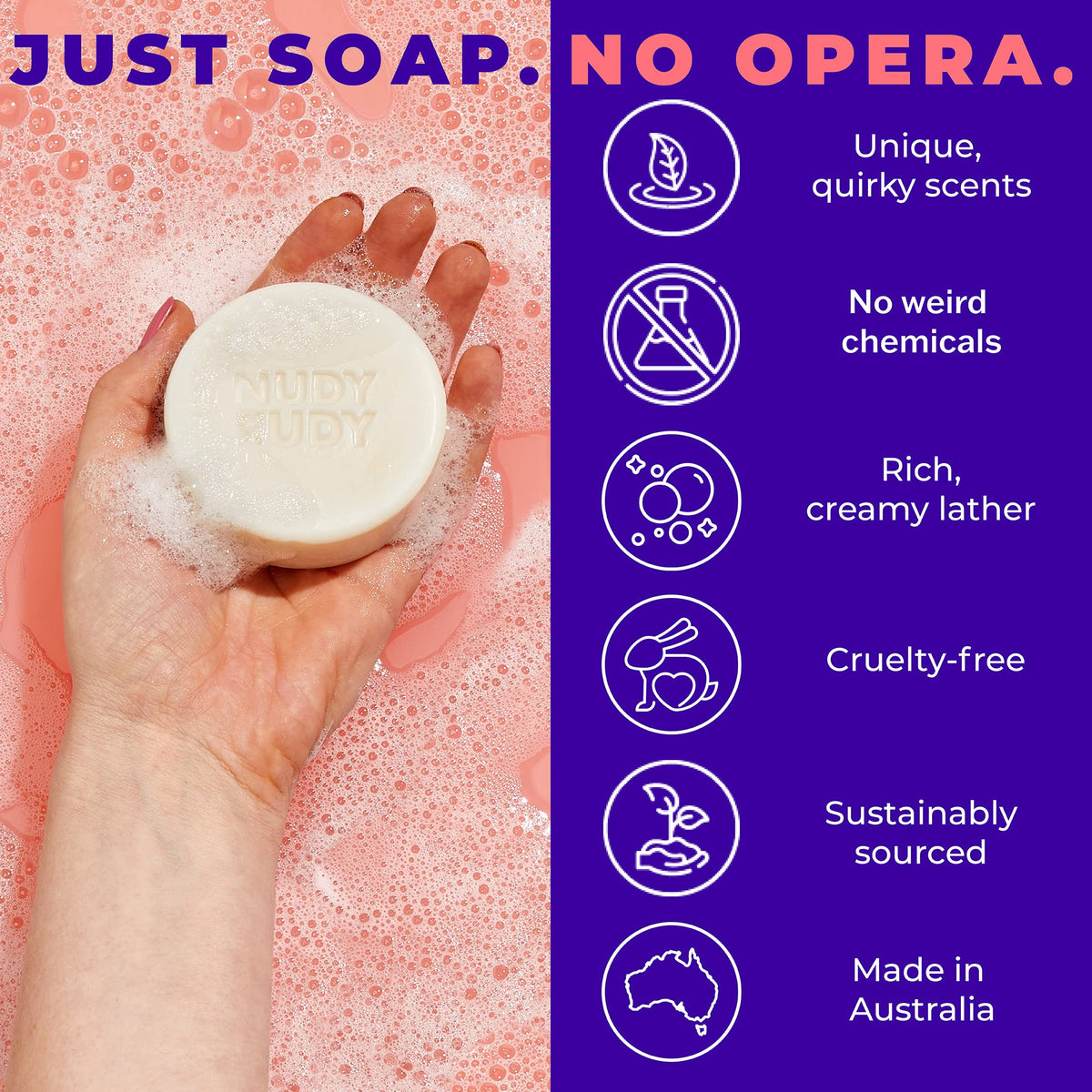 Nudy Rudy Berrylicious soap bar with berry-fruit scent and bright aroma.