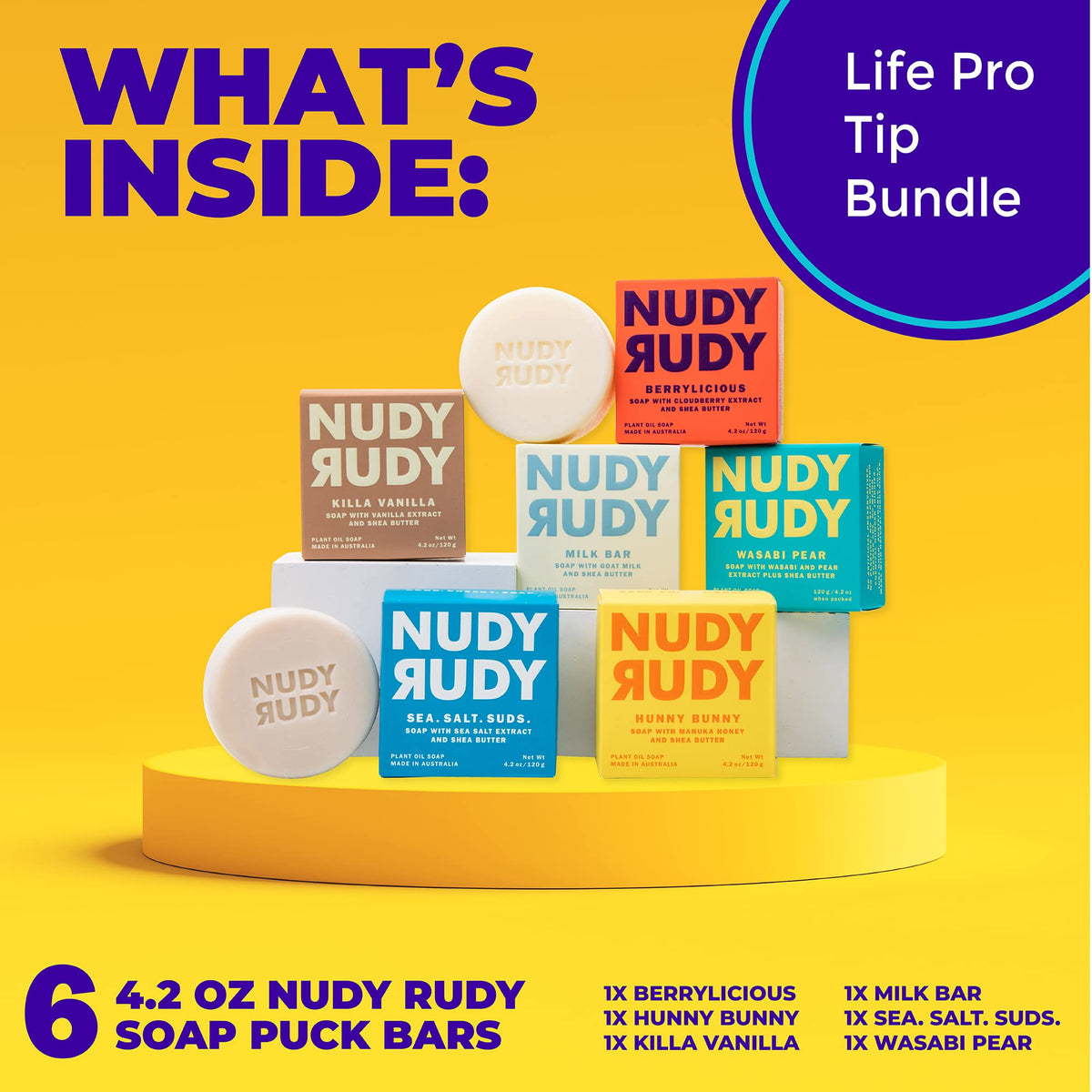 Nudy Rudy Killa Vanilla soap bar with warm vanilla and Shea butter for smooth skin.
