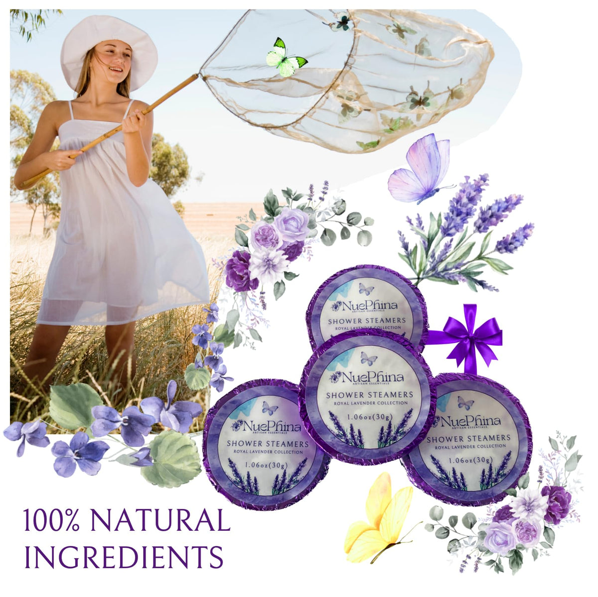 NuePhina lavender steamers stacked beside a candle for a home spa moment.