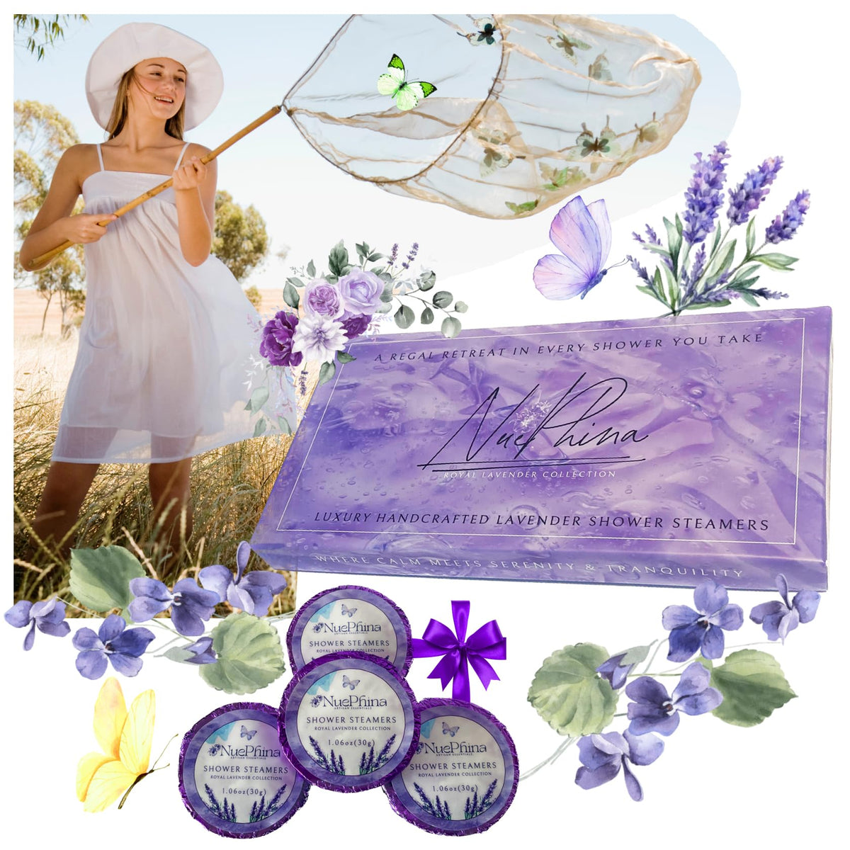 NuePhina luxury lavender shower steamers boxed set for elegant gifting and self-care.