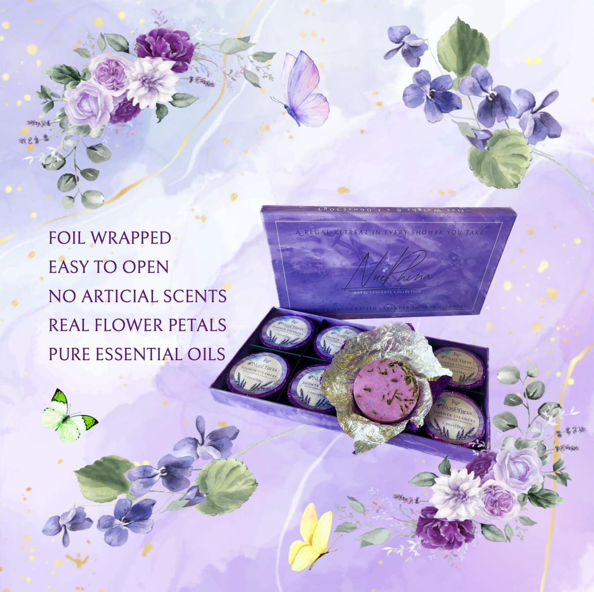 NuePhina therapeutic-grade lavender oil drops highlighting natural fragrance.