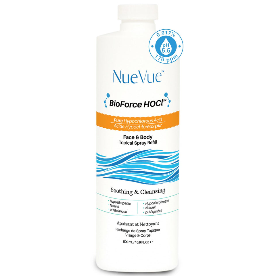 NueVue BioForce HOCl refill bottle front view for daily gentle skin care.