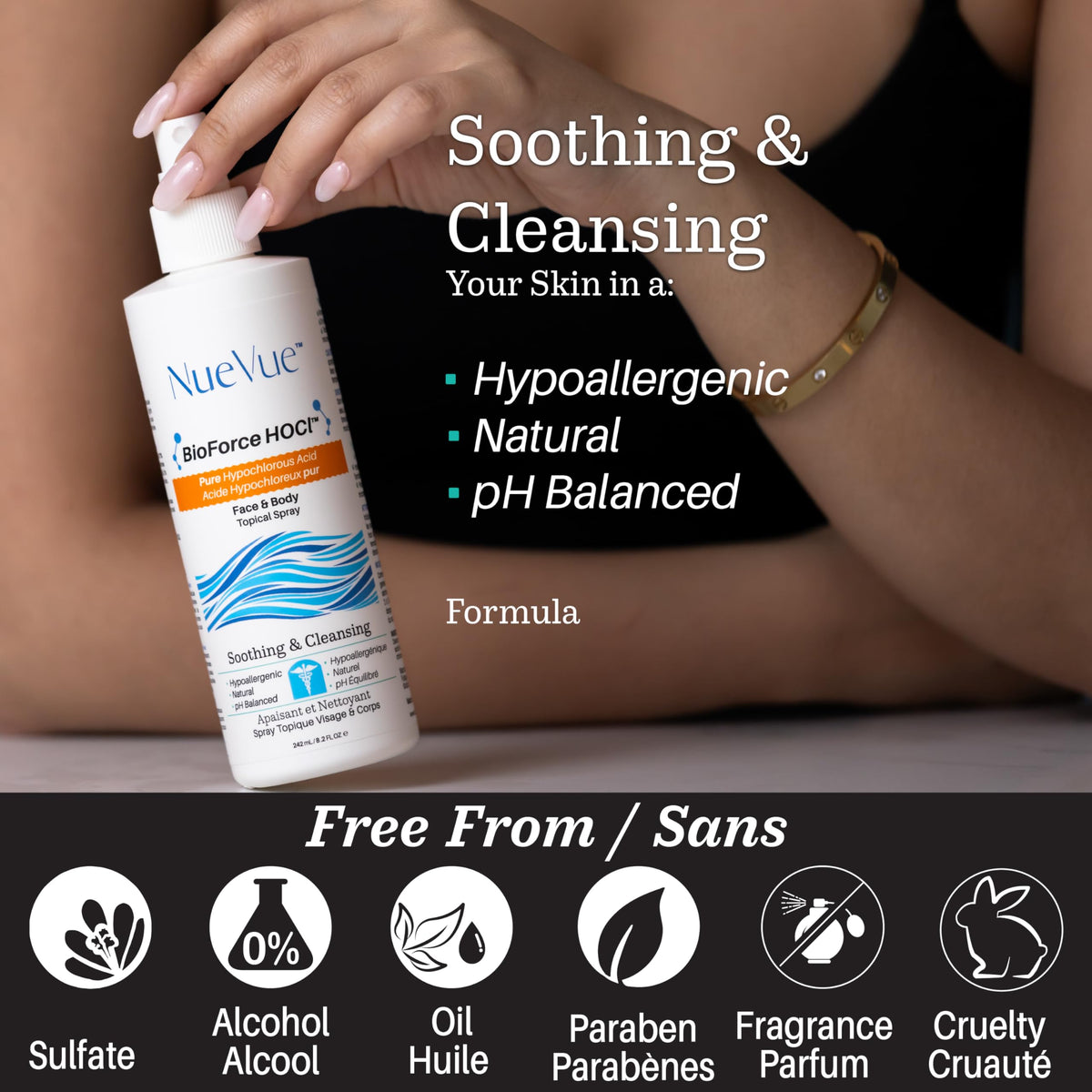 NueVue BioForce HOCl refill supporting face and body care routines.