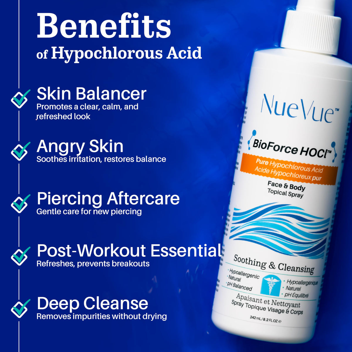 NueVue BioForce HOCl refill on a bathroom shelf as part of skincare routine.