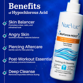 NueVue BioForce HOCl refill on a bathroom shelf as part of skincare routine.
