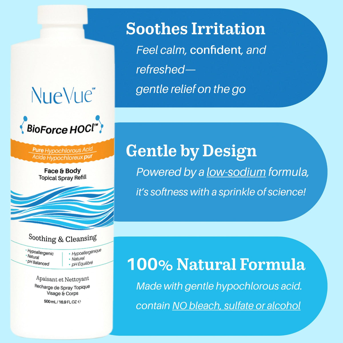 NueVue BioForce HOCl refill bottle sprayer not included for versatile use.