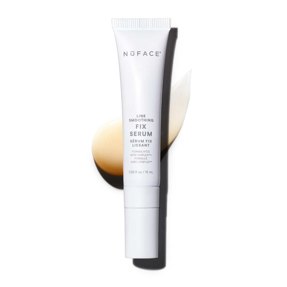 NuFACE FIX Serum bottle close-up highlighting hydrating, line-smoothing action.