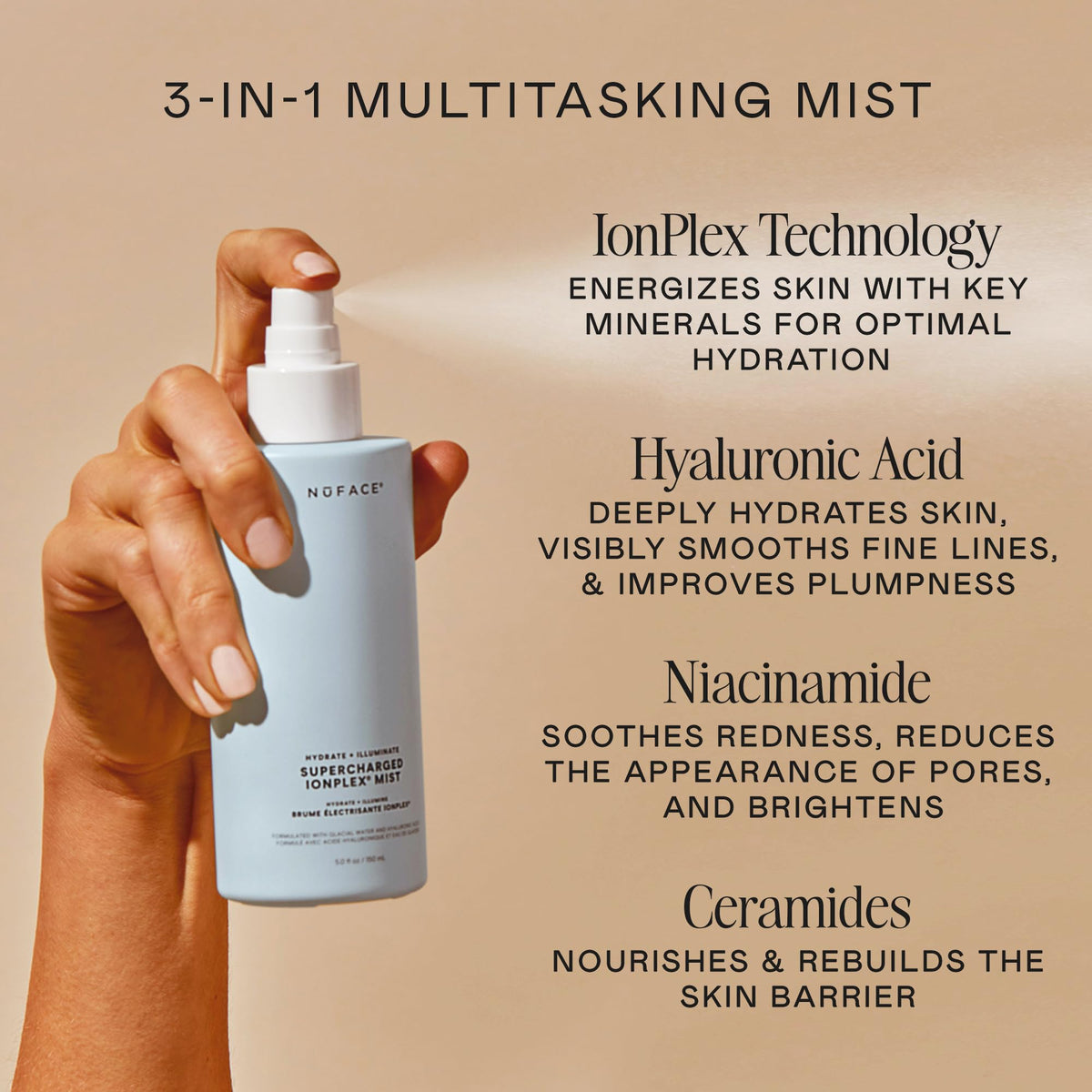 NuFACE IonPlex technology spray in action supports microcurrent prep and skin hydration.