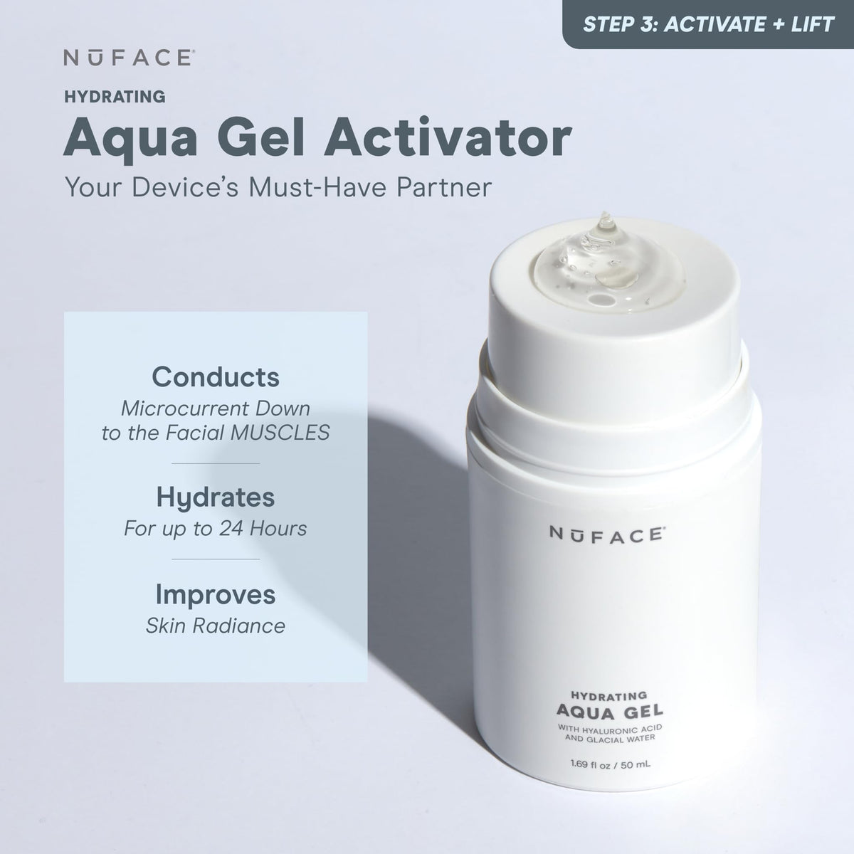 NuFACE IonPlex technology graphic shows ions and glacial water for effective conduction.