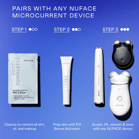 NuFACE microcurrent device used with FIX Serum for enhanced conduction.