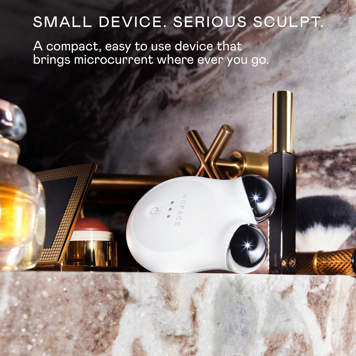 Rechargeable NuFACE MINI+ shown as a cordless, convenient device.