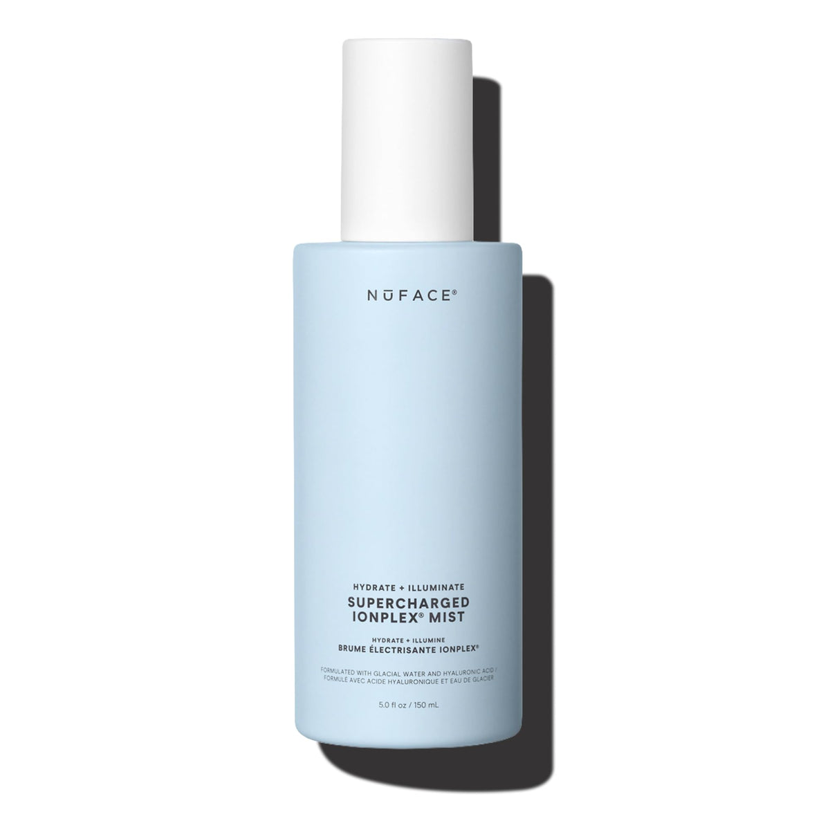 NuFACE Supercharged IonPlex Facial Mist bottle highlighting hydrating formula for refreshed skin.