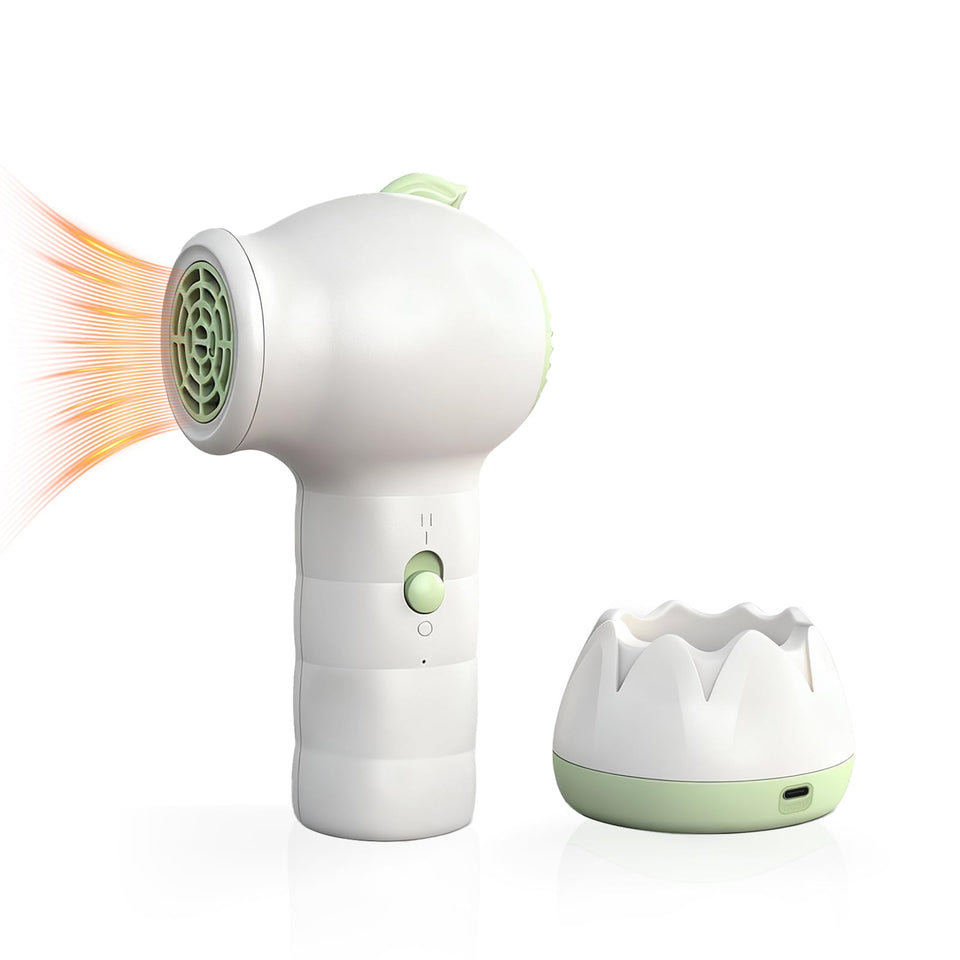 NUFR cordless hair dryer beside its charging base for easy at home charging