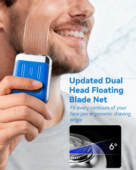 Nugxica dual-head shaver close-up highlighting precise blade performance for clean shaves
