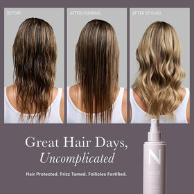 Detangling with a comb through damp hair using NuProtect