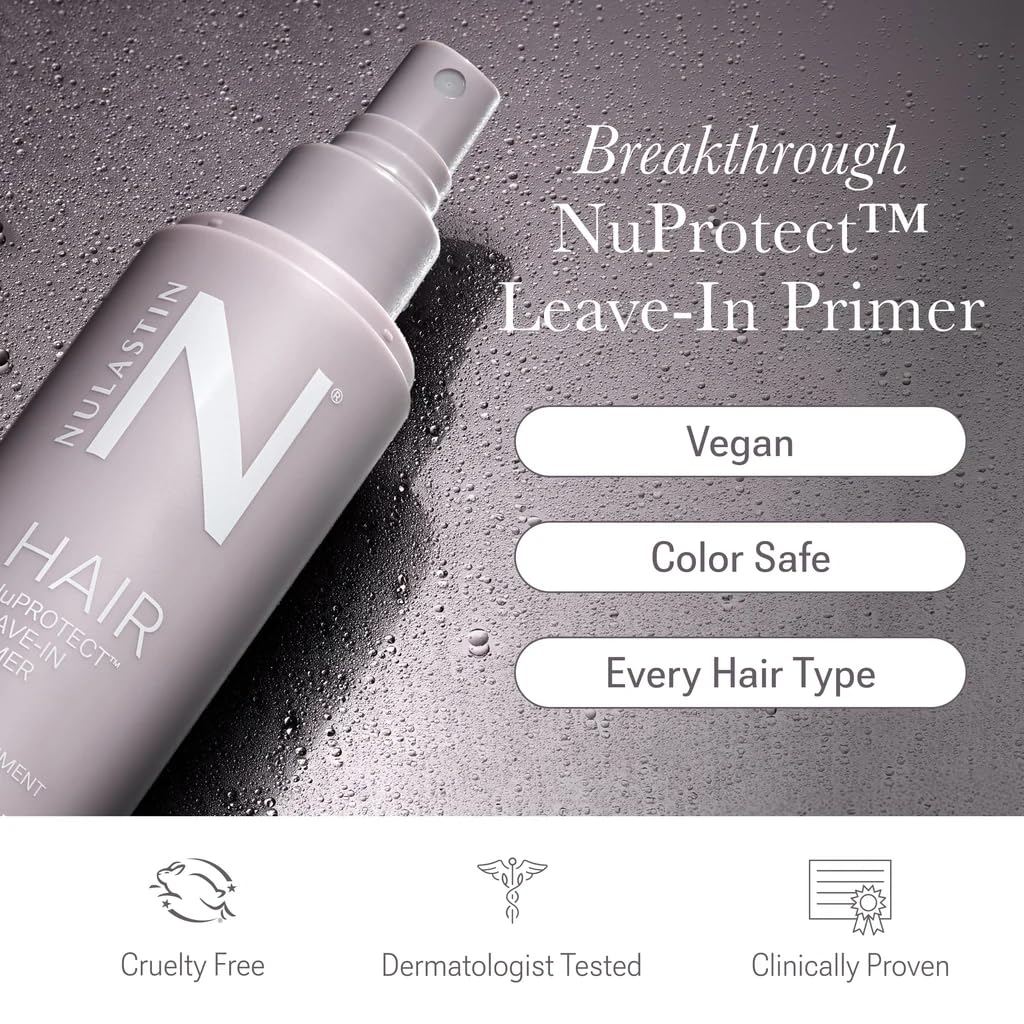 NULASTIN NuProtect spray being applied to damp hair for detangling and protection