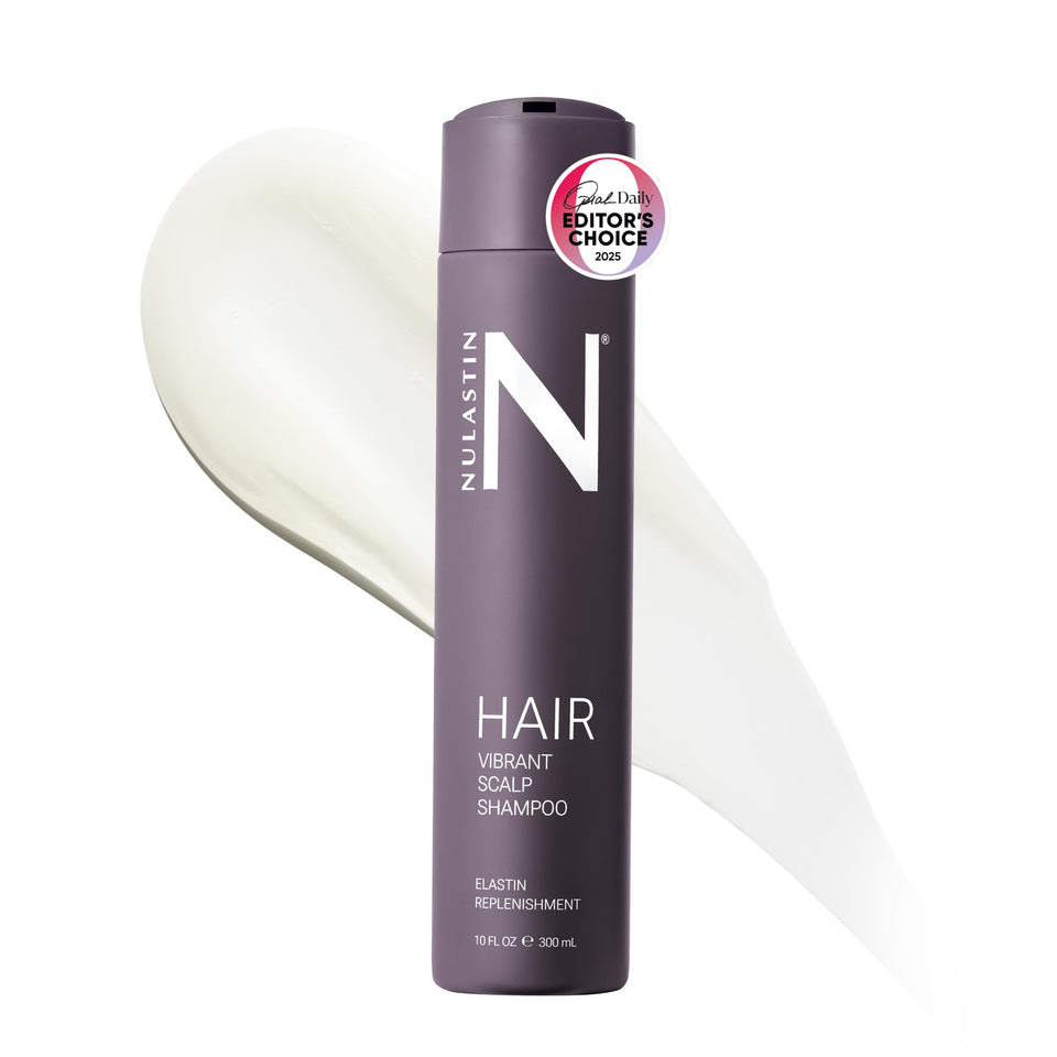NULASTIN Vibrant Scalp Shampoo bottle pour shows color-safe formula for daily use