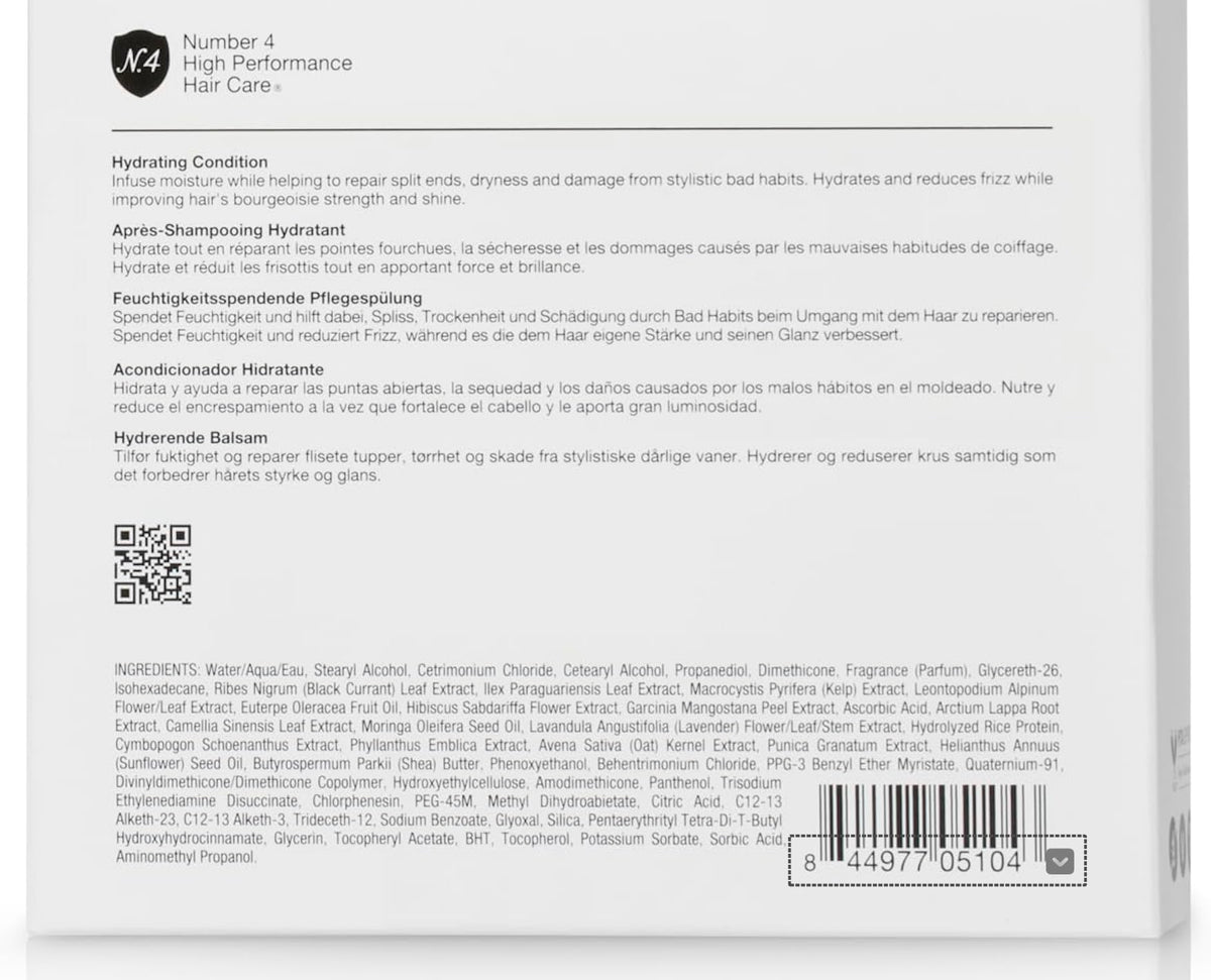 Number 4 Hydrating Conditioner label closeup highlighting color-safe formula benefits.