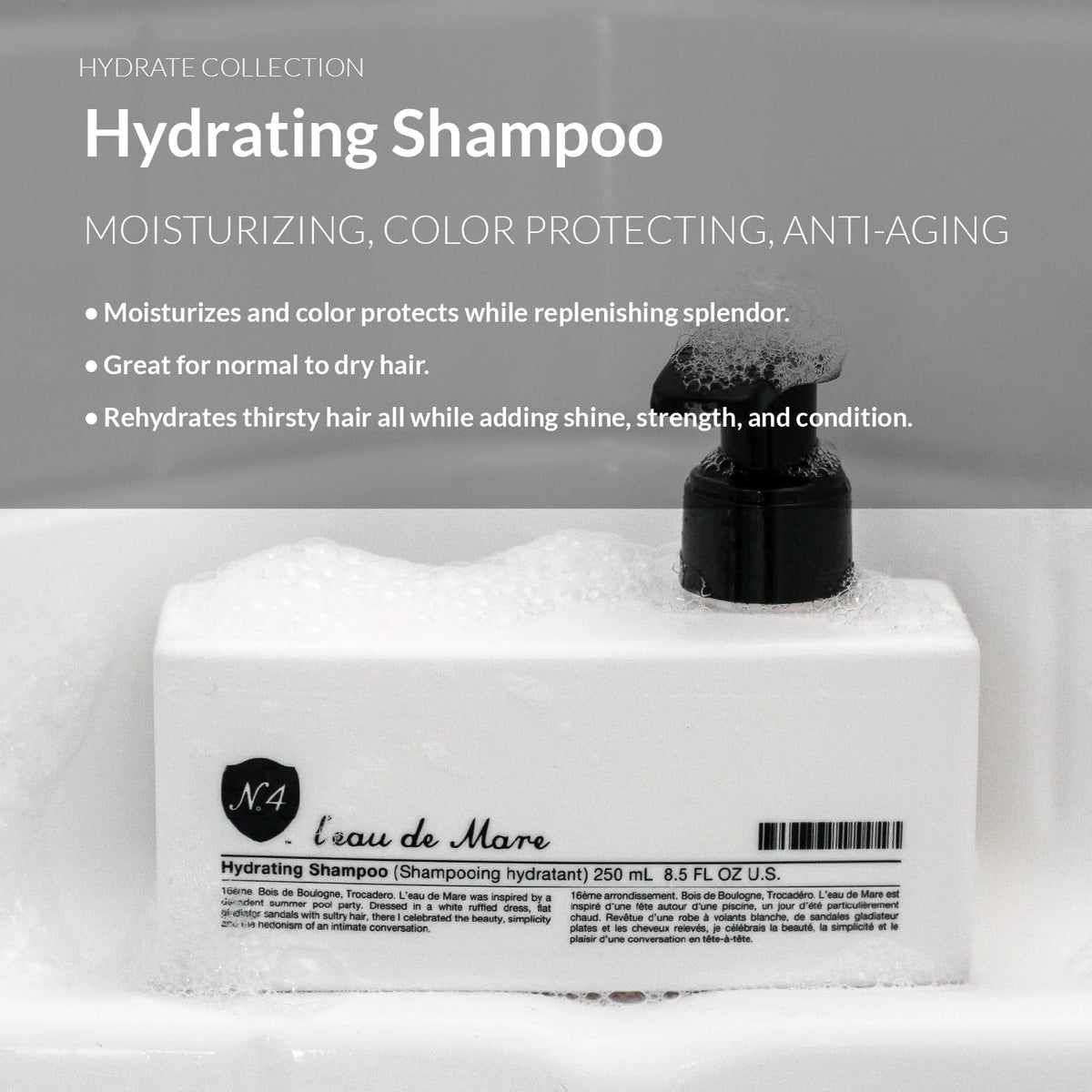 Number 4 Hydrating Shampoo lather demonstrates gentle cleansing.