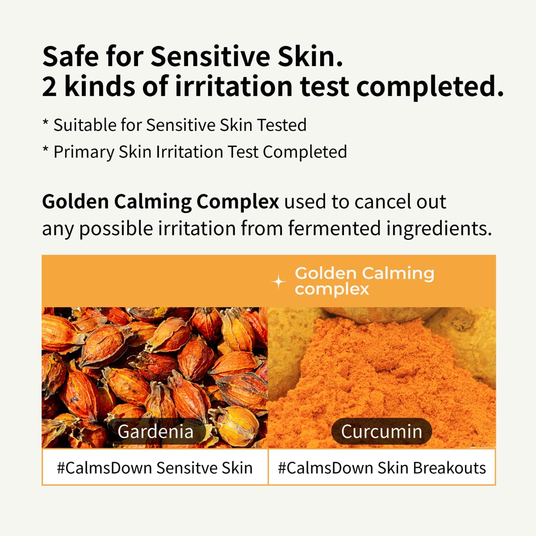 Fermented ingredients and golden calming complex showcased on packaging.